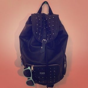 VS pink black faux leather backpack w/sunglassss